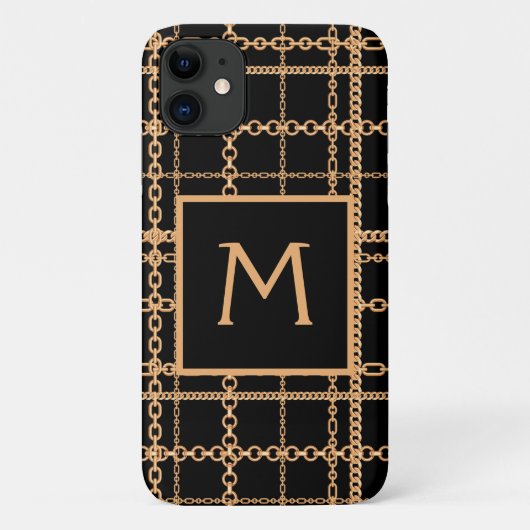 Luxe Zwarte Gouden Ketting Patroon Monogram Case-Mate iPhone Case (Achterkant)