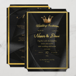 Luxe zwarte & gouden kroon trouwuitnodiging kaart