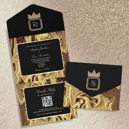 Luxe zwarte gouden marmeren monogram trouwuitnodig all in one uitnodiging