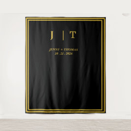 Luxe zwarte & gouden monogram huwelijksachtergrond wandkleed