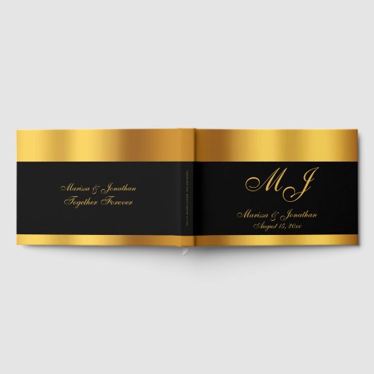 Luxe Zwarte Gouden Monogram Script Trouwboek Gastenboek (Volledig)
