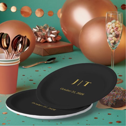 Luxe zwarte & gouden monogram trouwpapier bord (Multi)