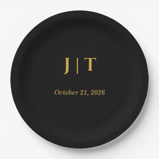 Luxe zwarte & gouden monogram trouwpapier bord (Voorkant)