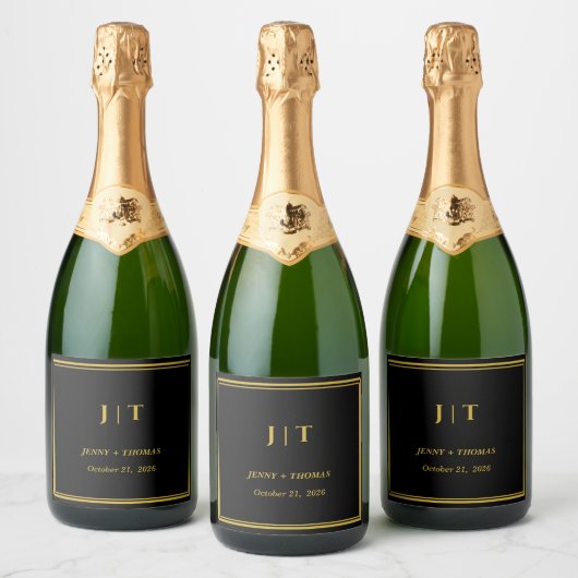 Luxe zwarte & gouden monogram wijnfleslabel sparkling wijnetiket (Flessen)
