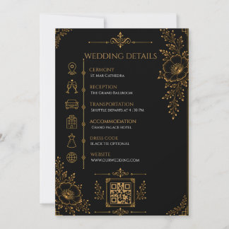Luxe zwarte & gouden trouwdetailskaart kaart