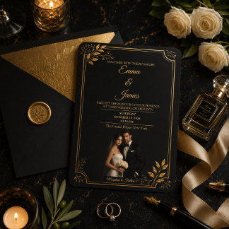 Luxe zwarte gouden trouwuitnodiging kaart