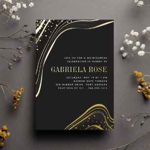 Luxe Zwarte & Gouden Vloeibare Marmer Quinceanera Folie Uitnodiging