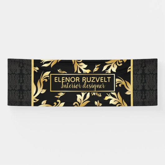 Luxe zwarte goudflorale elegant demasontwerp spandoek (Horizontaal)