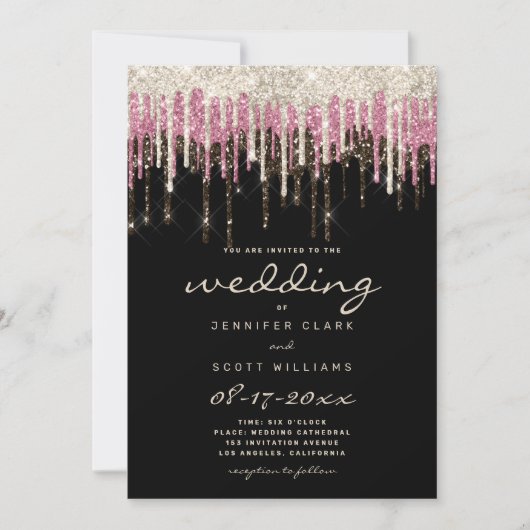 Luxe zwarte goudroze glazen glitter dript bruiloft kaart (Voorkant)