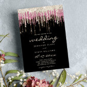 Luxe zwarte goudroze glazen glitter dript bruiloft kaart