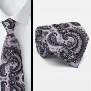Luxe zwarte lavendel paisley diamant halsband stropdas