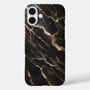 Luxe zwarte marmeren behuizing - Elegante gouden a iPhone 16 Plus Hoesje