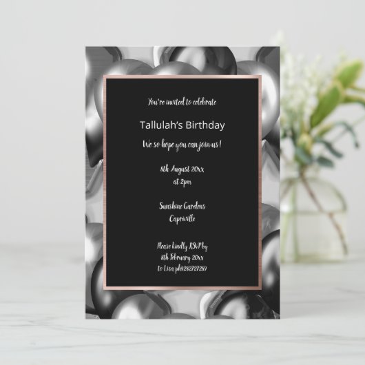 LUXE ZWARTE METALLIGE BALLOONINVITATIE KAART (Staand voorkant)