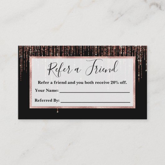 Luxe zwarte Roos Gold Sparkly Glitter Fringe Aanbevelingskaartje (Voorkant)