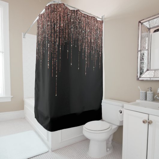 Luxe zwarte Roos Gold Sparkly Glitter Fringe Douchegordijn (In situ)