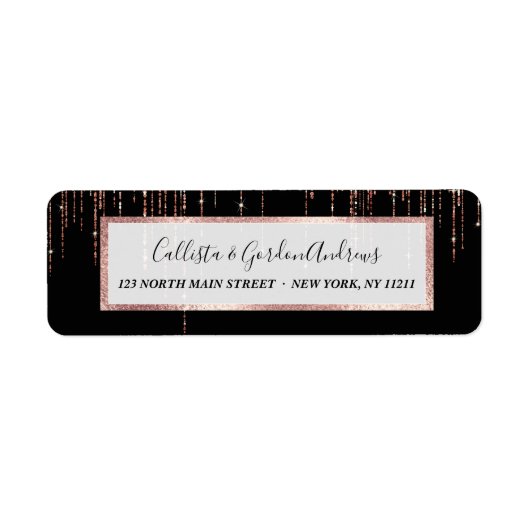 Luxe zwarte Roos Gold Sparkly Glitter Fringe Etiket (Voorkant)