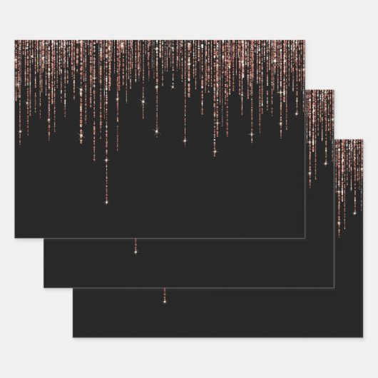 Luxe zwarte Roos Gold Sparkly Glitter Fringe Inpakpapier Vel (Set)