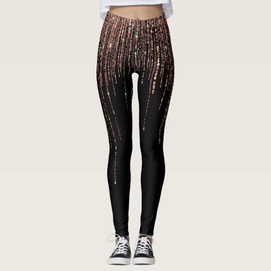 Luxe zwarte Roos Gold Sparkly Glitter Fringe Leggings (Voorkant)