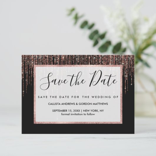Luxe zwarte Roos Gold Sparkly Glitter Fringe Save The Date (Staand voorkant)