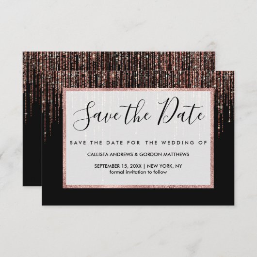 Luxe zwarte Roos Gold Sparkly Glitter Fringe Save The Date (Voorkant / Achterkant)