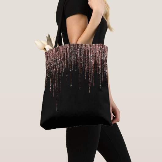 Luxe zwarte Roos Gold Sparkly Glitter Fringe Tote Bag (Dichtbij)