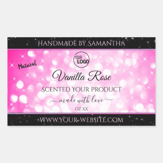 Luxe zwarte roze gelitter-productetiketten toevoeg rechthoekige sticker (Voorkant)