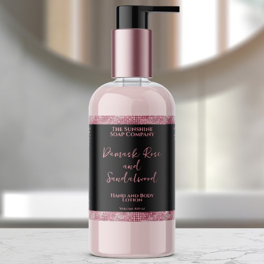 Luxe zwarte & roze glitter cosmetica fles label