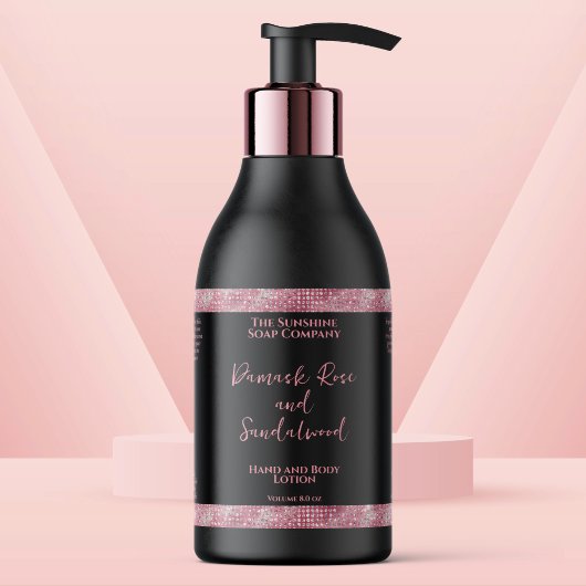 Luxe zwarte & roze glitter cosmetica fles label