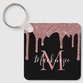 Luxe Zwarte Roze Gouden Glitter Druppels Monogram Sleutelhanger