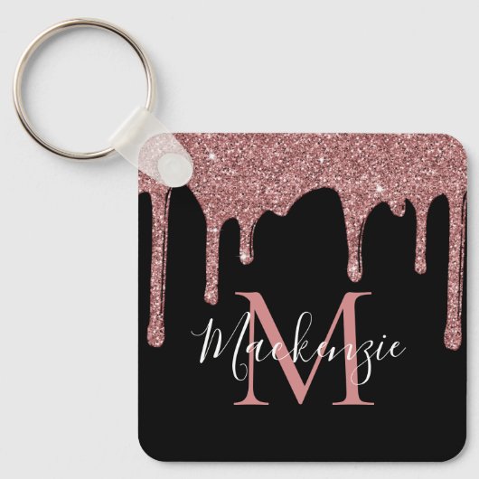 Luxe Zwarte Roze Gouden Glitter Druppels Monogram Sleutelhanger (Voorkant)