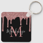 Luxe Zwarte Roze Gouden Glitter Druppels Monogram Sleutelhanger (Achterkant)