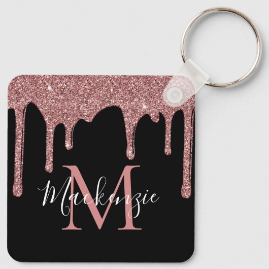 Luxe Zwarte Roze Gouden Glitter Druppels Monogram Sleutelhanger (Achterkant)