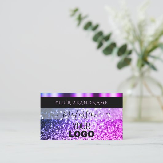 Luxe zwarte roze Paarse spaarglitter met Logo Visitekaartje (Staand voorkant)