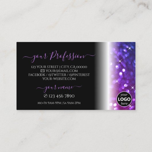 Luxe zwarte roze Paarse spaarglitter met Logo Visitekaartje (Achterkant)