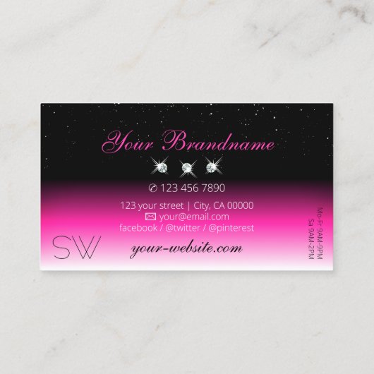 Luxe zwarte roze witte gradiënt Initialen diamante Visitekaartje (Achterkant)