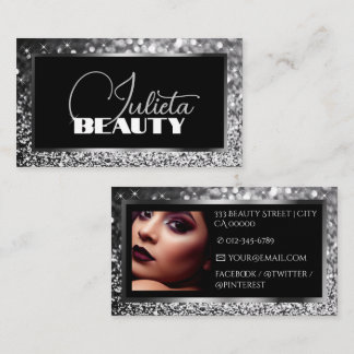 Luxe Zwarte Sparkle Zilveren Glitter met Foto Visitekaartje