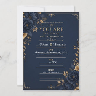 Luxe zwarte trouwuitnodiging met blauw & Bourgondi Kaart