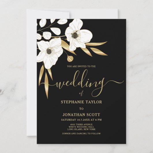 Luxe zwarte witte goudflorale elegant bruiloft kaart (Voorkant)