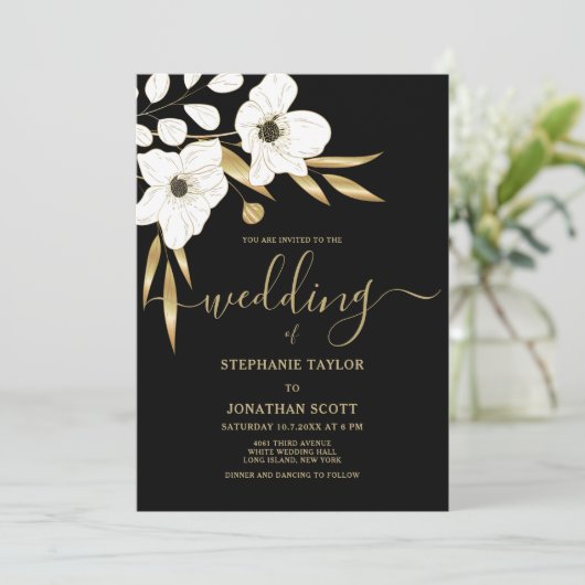 Luxe zwarte witte goudflorale elegant bruiloft kaart (Staand voorkant)
