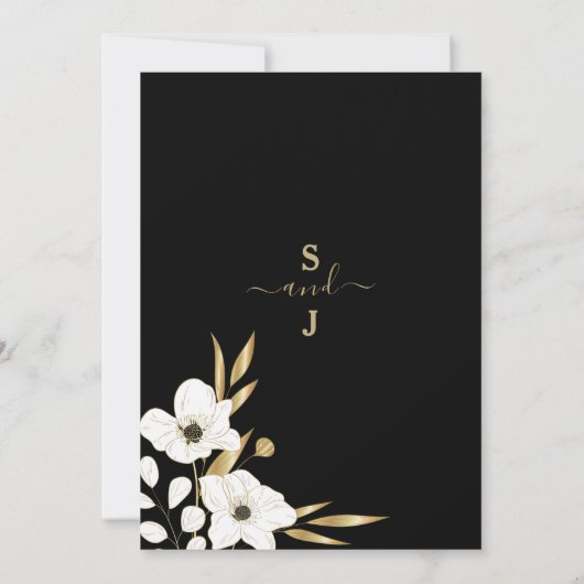 Luxe zwarte witte goudflorale elegant bruiloft kaart (Achterkant)