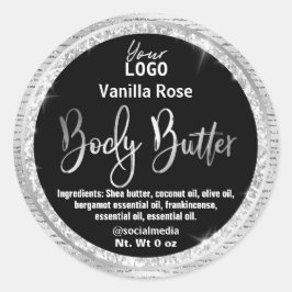 Luxe zwarte zilveren glitterslichaamboterlabels ronde sticker