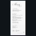 Luxekalligrafie Elegant Wedding Reception Menu<br><div class="desc">Dit elegante en eenvoudige zwart-wit huwelijksmenu vangt een zacht, romantisch gevoel dat perfect aansluit bij elk modern en tijdloos huwelijksthema. Gepersonaliseerd met de namen van het paar, toont de voorkant van het menu elke cursus prachtig in een schone en verfijnde lay-out, met een ingetogen elegantie. Het minimalistische ontwerp wordt versterkt...</div>