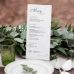 Luxekalligrafie Elegant Wedding Reception Menu<br><div class="desc">Dit elegante en eenvoudige zwart-wit huwelijksmenu vangt een zacht, romantisch gevoel dat perfect aansluit bij elk modern en tijdloos huwelijksthema. Gepersonaliseerd met de namen van het paar, toont de voorkant van het menu elke cursus prachtig in een schone en verfijnde lay-out, met een ingetogen elegantie. Het minimalistische ontwerp wordt versterkt...</div>