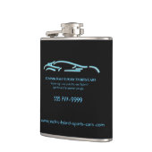 Luxekar-logo - Ice Blue-sportauto op zwart Heupfles (Links)