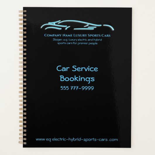 Luxekar-logo - Ice Blue-sportauto op zwart Planner (Voorkant)
