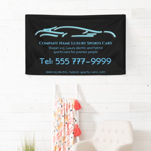 Luxekar-logo - Ice Blue-sportauto op zwart Spandoek (Insitu)