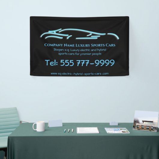 Luxekar-logo - Ice Blue-sportauto op zwart Spandoek (Beurs)