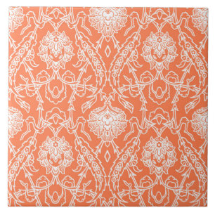 Luxekoraal en White Damask Pattern Decoratief Tegeltje