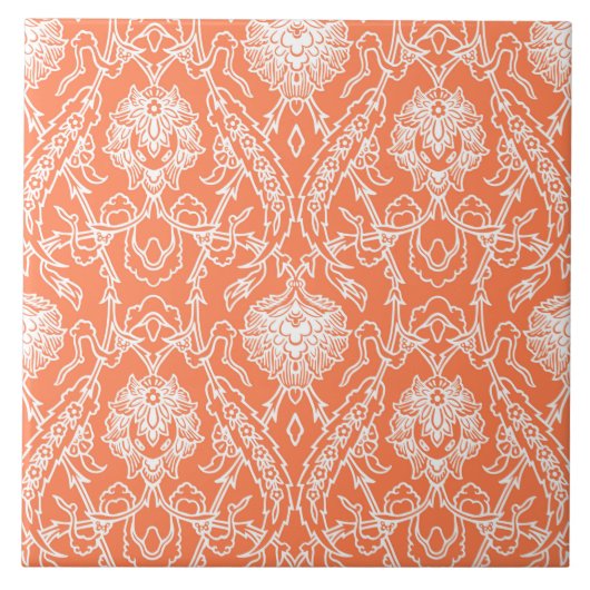 Luxekoraal en White Damask Pattern Decoratief Tegeltje (Voorkant)