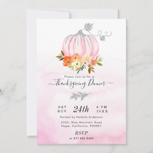 Luxekroze en Silver Pumpkin Thanksgiving Dinner Kaart (Voorkant)